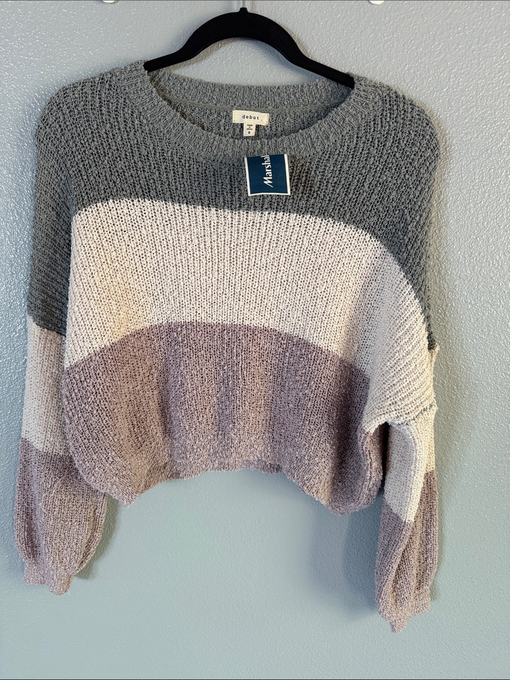 debut Striped Cropped Crew Sweater — Gray, Cream & Mauve